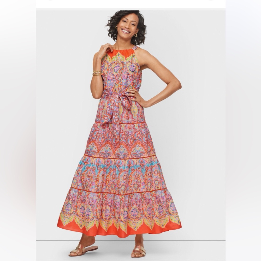 Talbots Tiered Halter Paisley Floral Medallion Maxi Dress Women's Sz 4 tropical
